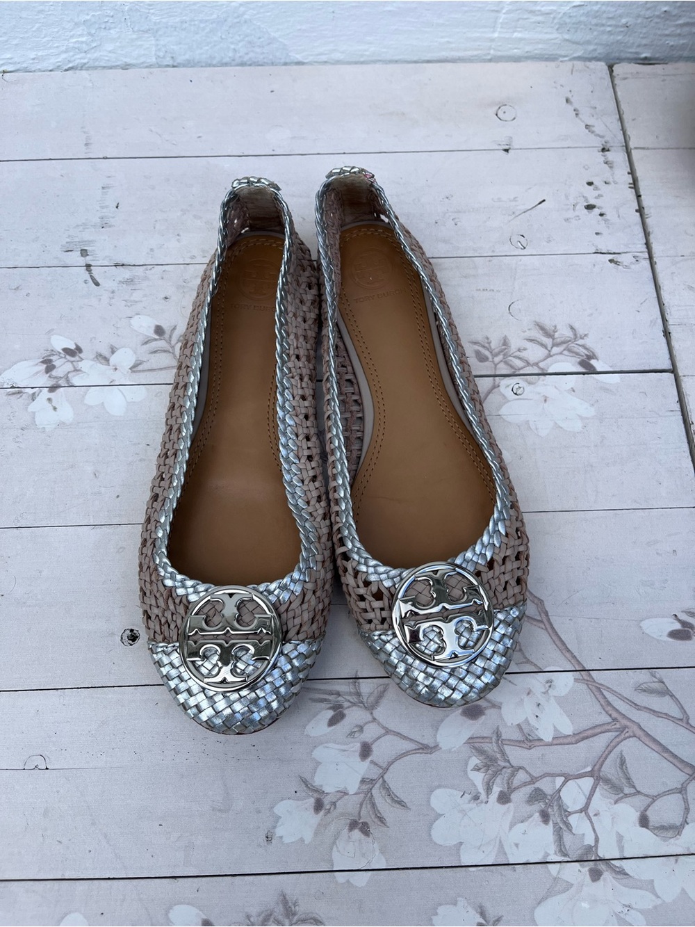 Woven Metallic-Trim Ballet Flats in Taupe
